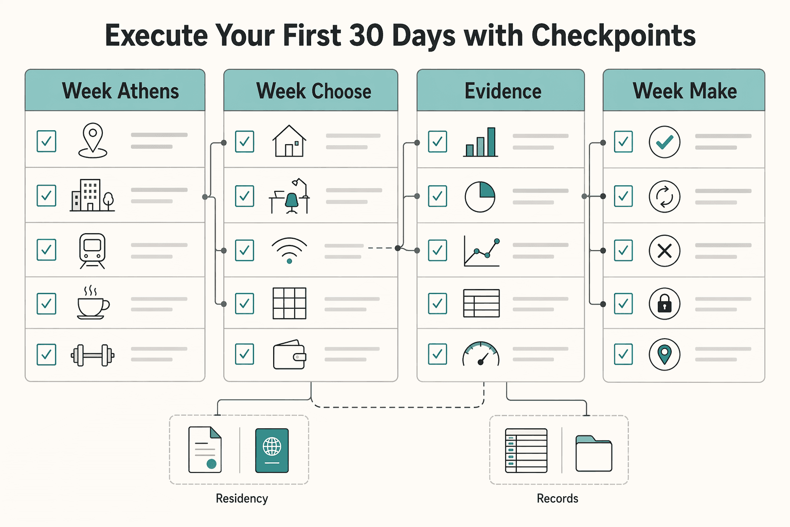 Diagram showing Execute your first 30 days with checkpoints for Athens Digital Nomad Guide for 2026 Relocation Decisions.