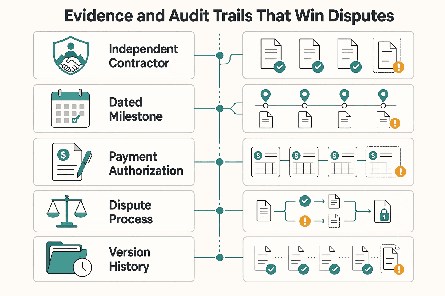 Diagram showing Evidence and audit trails that win disputes for The Freelancer's Bill of Rights: What You Should Demand from Your Platform.