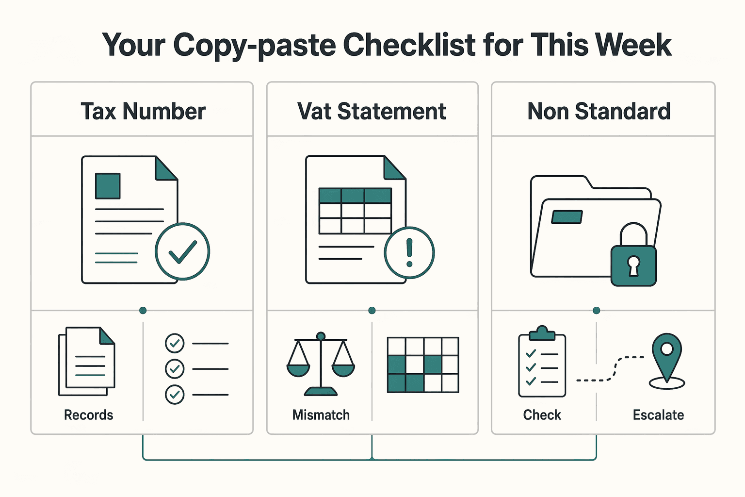 Diagram showing Your copy-paste checklist for this week for How to Handle a German 'Scheinselbstständigkeit' (False Self-Employment) Audit.