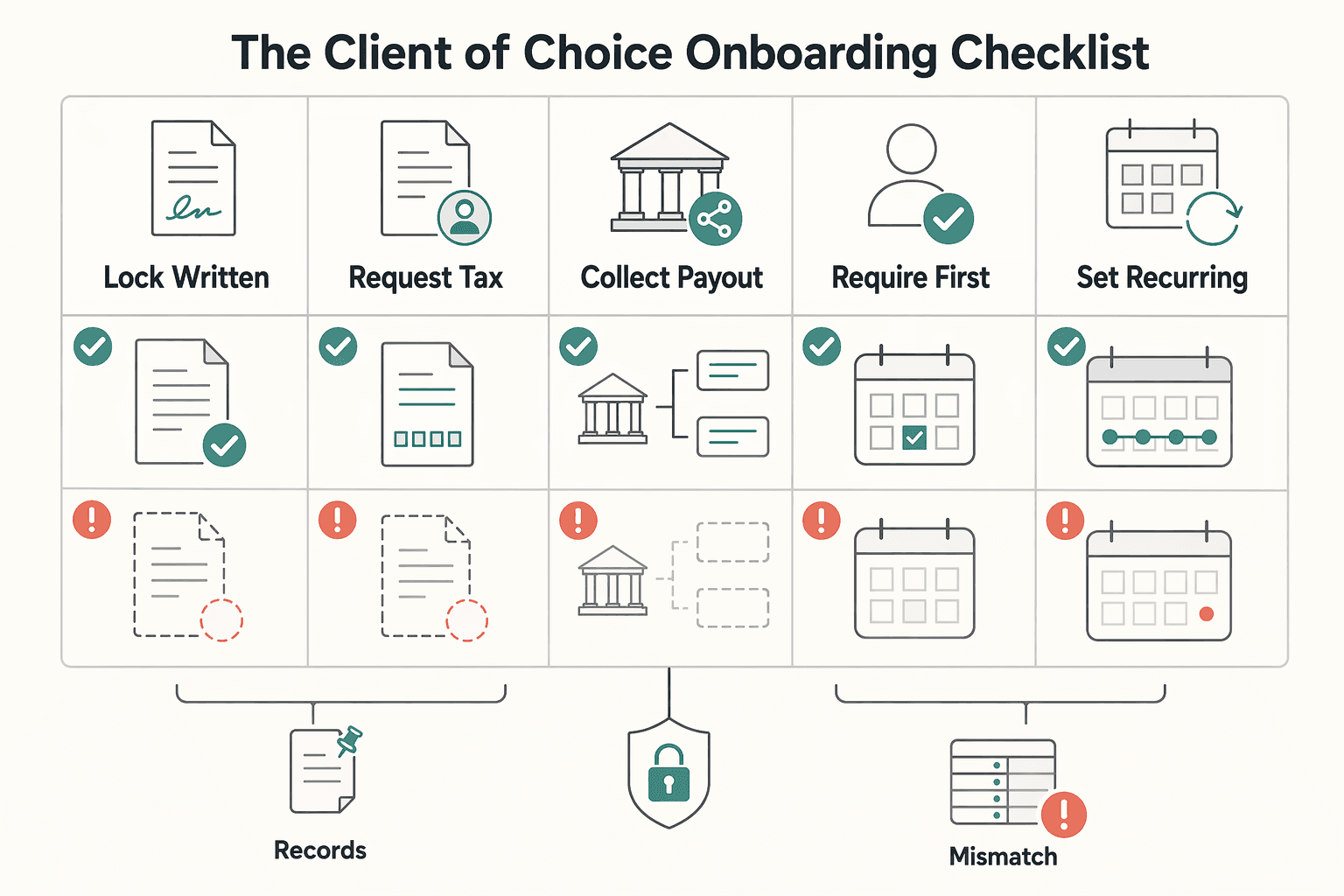 Diagram showing The "Client of Choice" Onboarding Checklist for How Australian Agencies Can Pay US Contractors With Lower Risk.