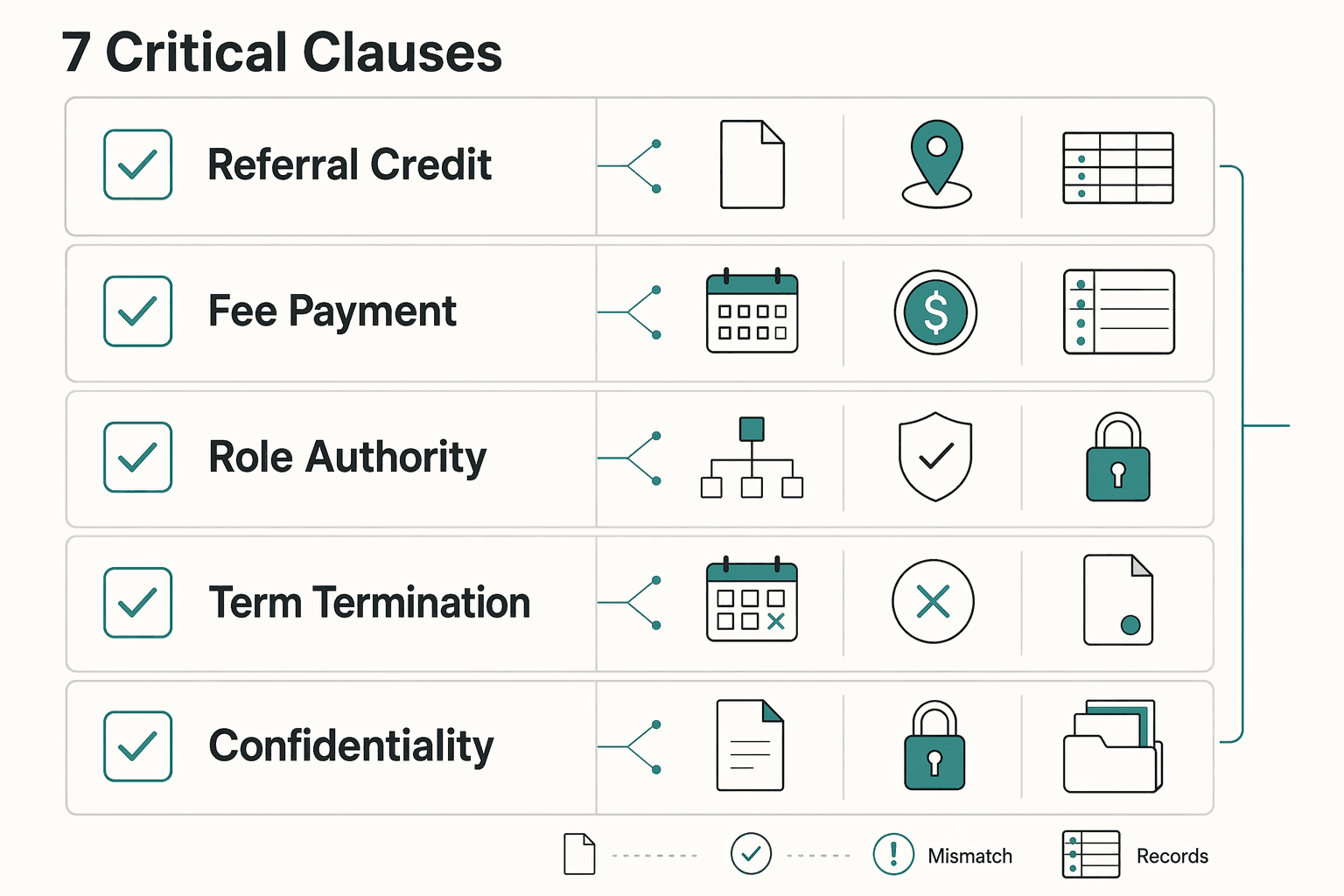 Diagram showing The Anatomy of a Bulletproof Agreement: 7 Critical Clauses for How to Structure a 'Referral Fee' Agreement with a Partner.