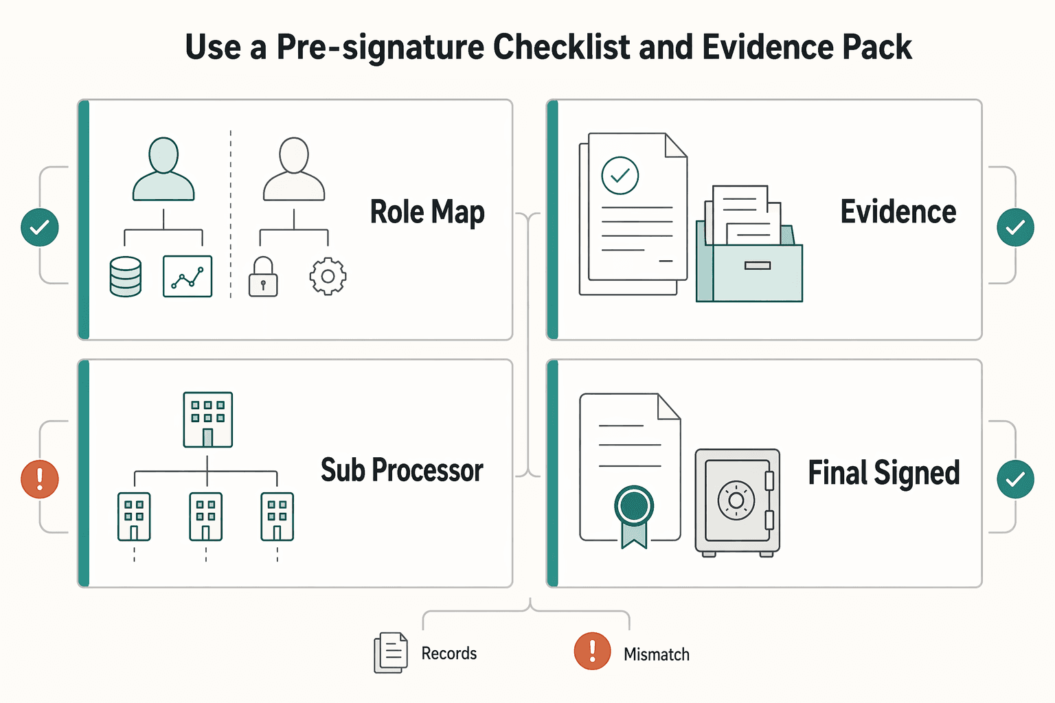 Diagram showing Use a pre-signature checklist and evidence pack for Structuring a Data Processing Agreement for Data Science Consulting.