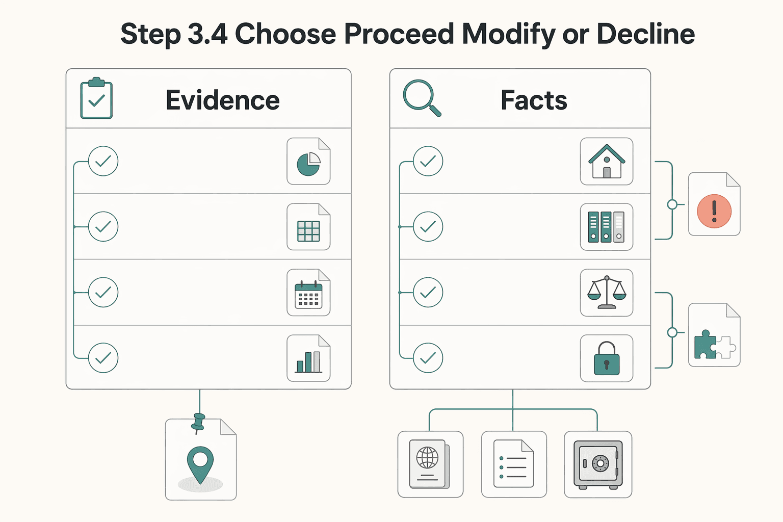 Diagram showing Step 3.4 Choose proceed, modify, or decline for How to Manage 'Días de Ausencia' for Spanish Tax Residency.