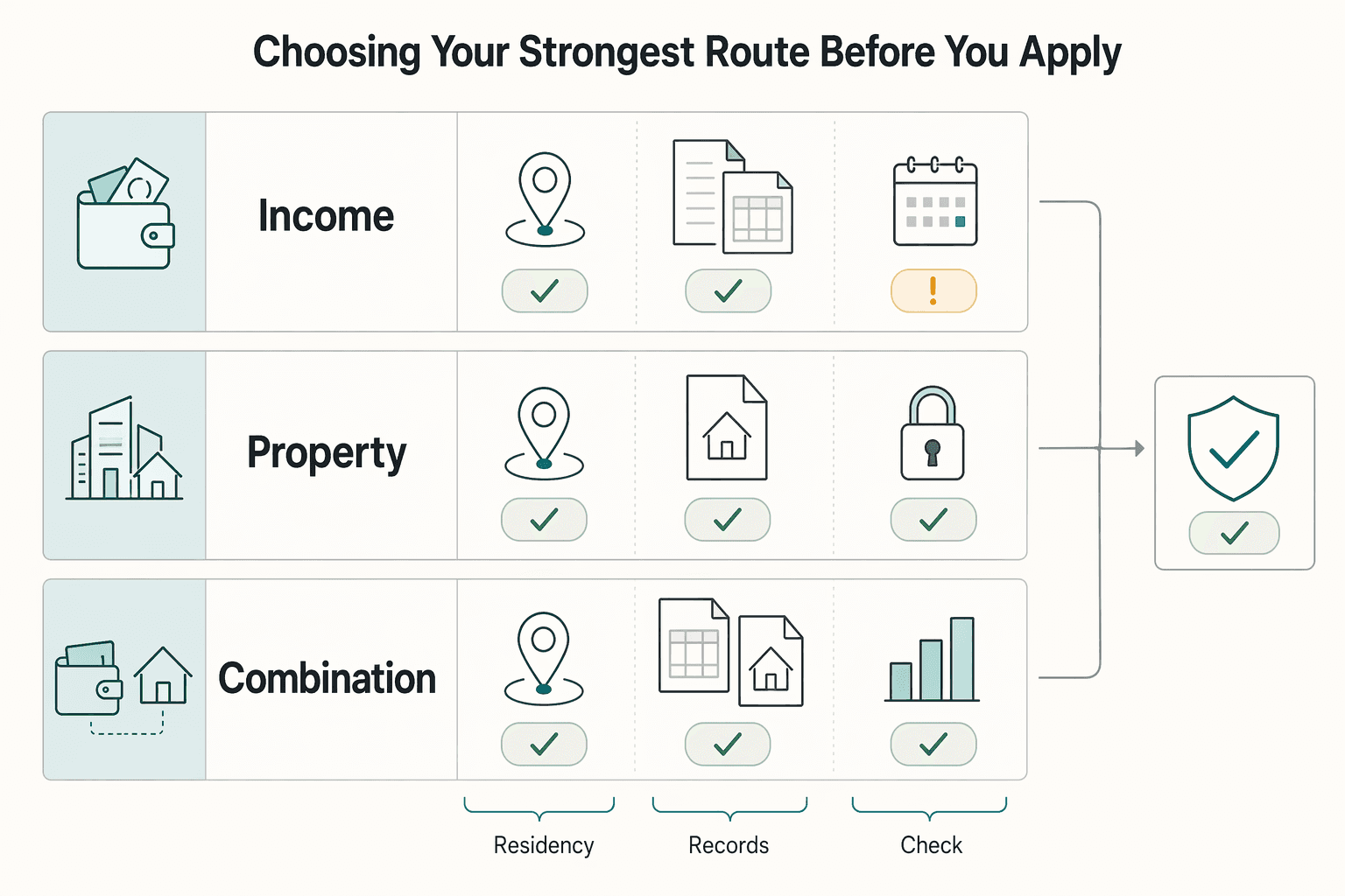 Diagram showing Choosing your strongest route before you apply for Choosing the Right Dubai Retirement Visa Route Before You File.