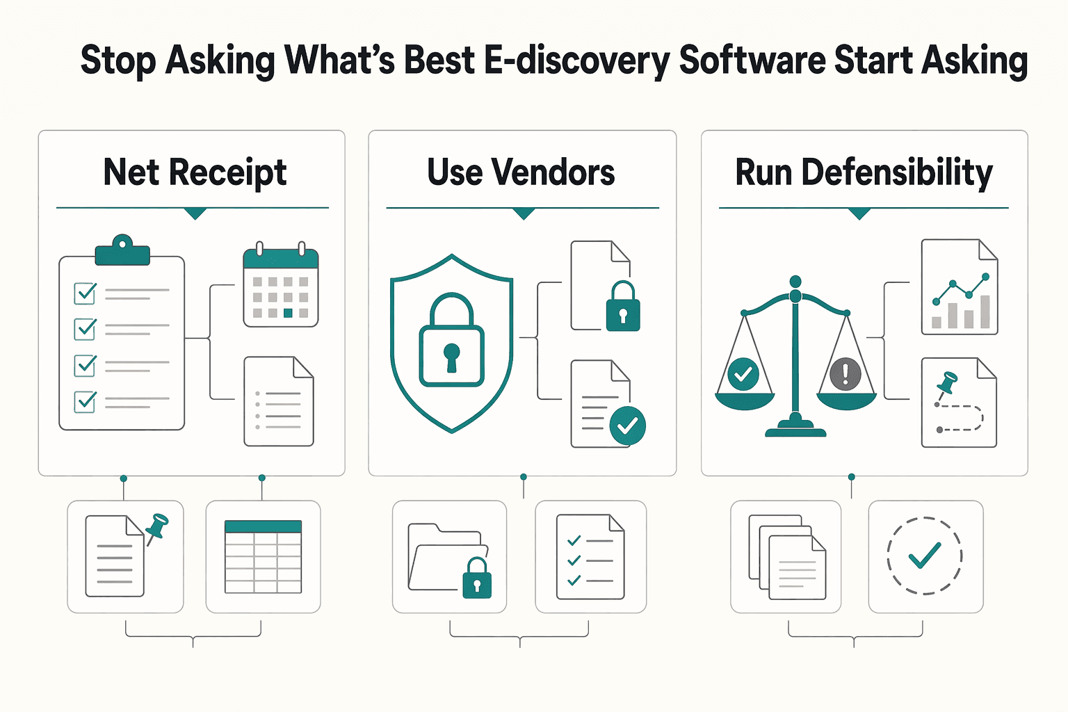 Diagram showing Introduction: Stop Asking "What's the Best E-Discovery Software?" Start Asking "What's... for How to Choose Defensible E-Discovery Software for Small Businesses.