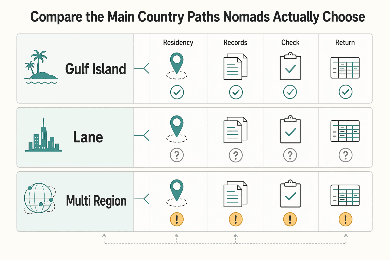 Diagram showing Compare the main country paths nomads actually choose for Tax-Friendly Countries for Digital Nomads and Entrepreneurs.
