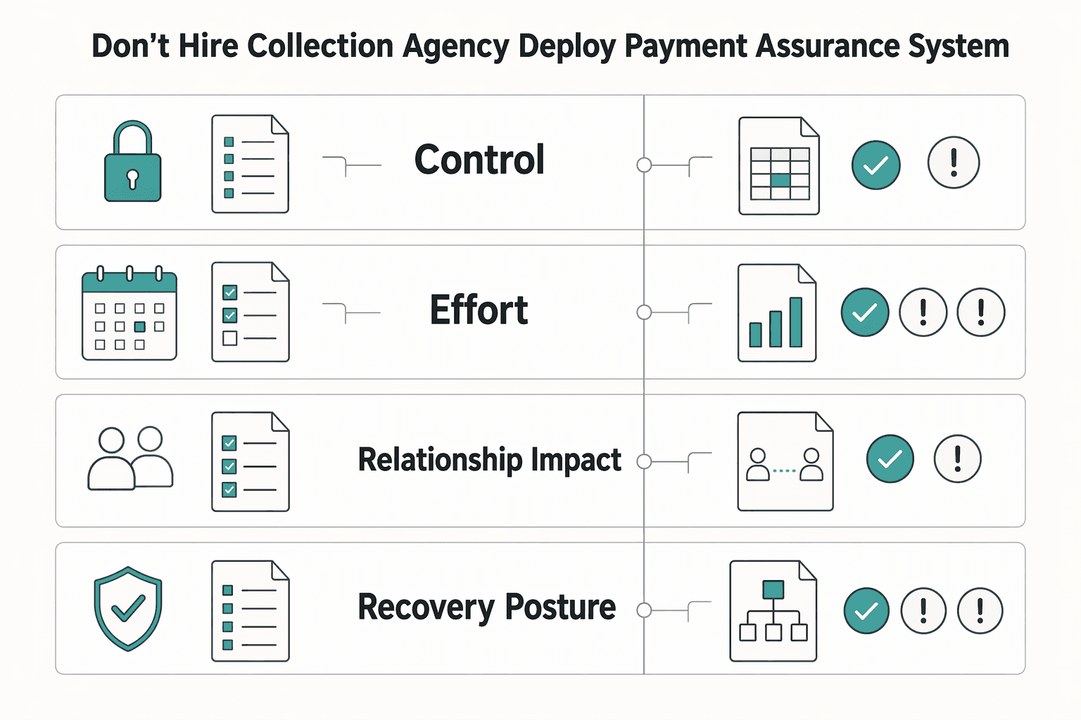 Diagram showing Don't Hire a Collection Agency. Deploy a Payment Assurance System. for Collection Agencies for Small Businesses: Use a Payment Assurance System First.