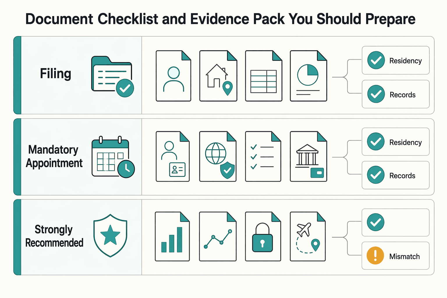 Diagram showing Document checklist and evidence pack you should prepare for Digital Nomad Visa vs Tourist Visa for Staying Legal Abroad.