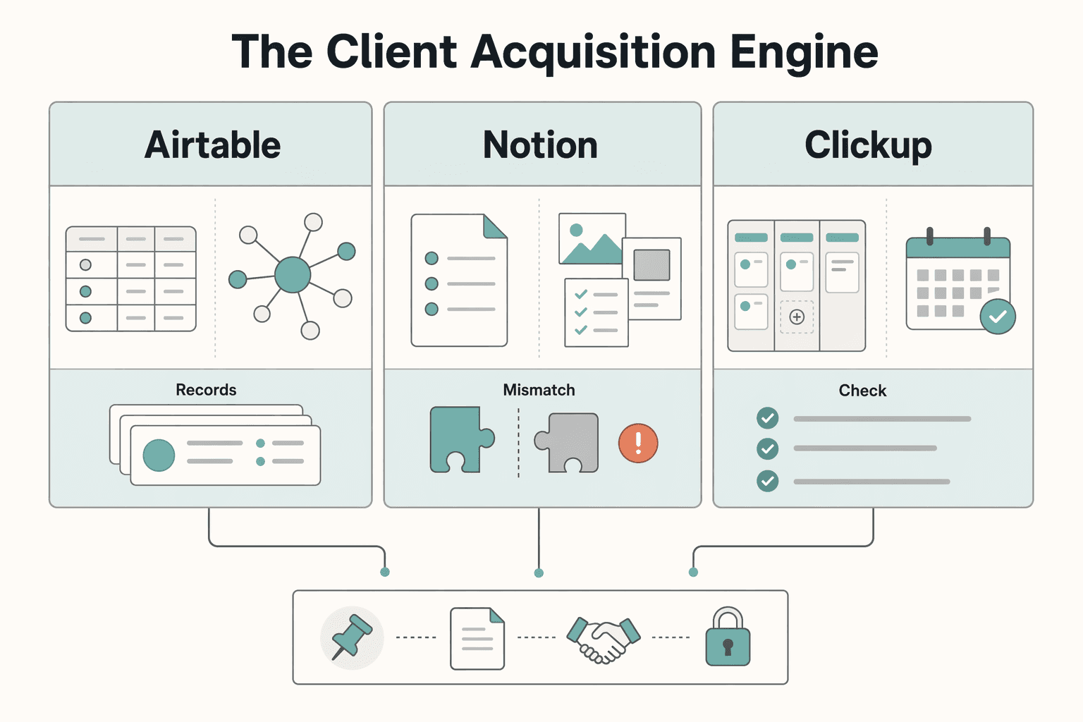 Diagram showing The Front Office: The Client Acquisition Engine for Airtable vs Notion vs ClickUp for Freelancers Building a Reliable Stack.