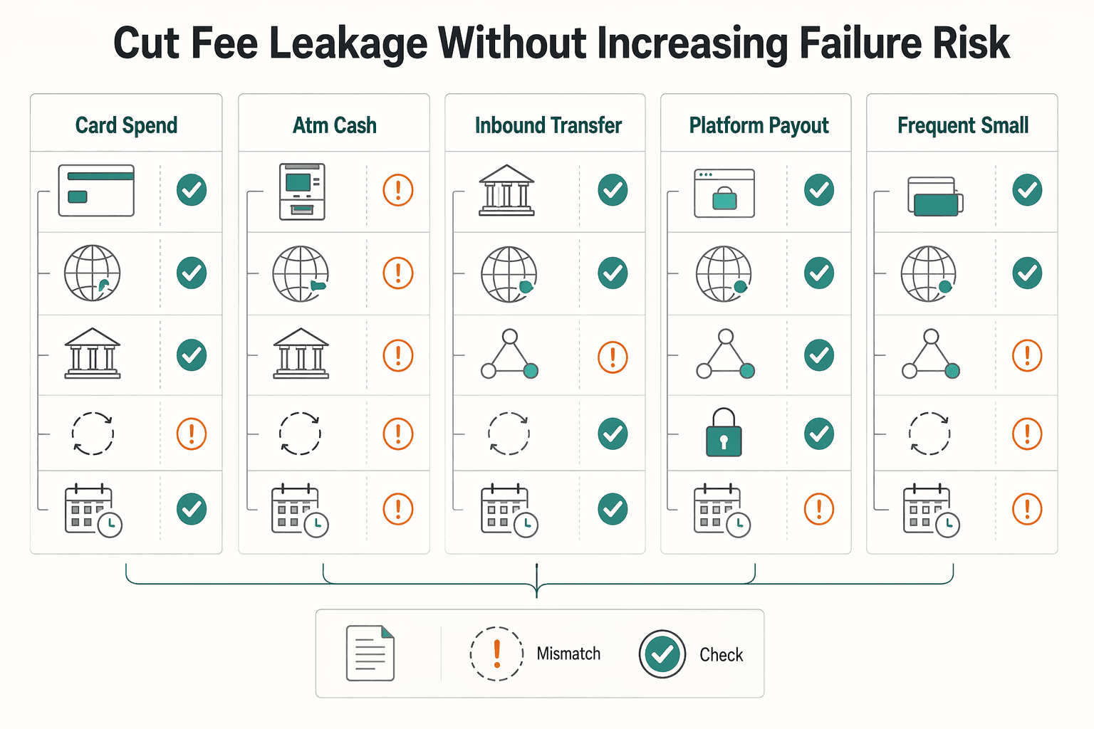 Diagram showing Cut Fee Leakage Without Increasing Failure Risk for Manage Finances While Traveling Long-Term Without Cashflow Gaps.