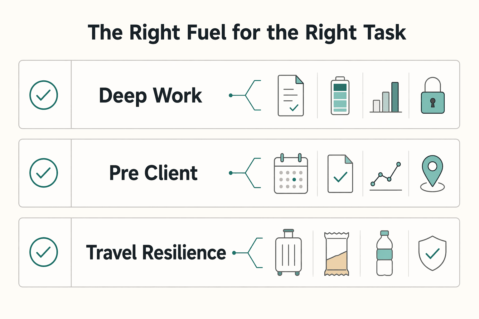 Diagram showing The Performance Snacking Matrix: The Right Fuel for the Right Task for Healthy Snacks for Work That Support a Productive Day.