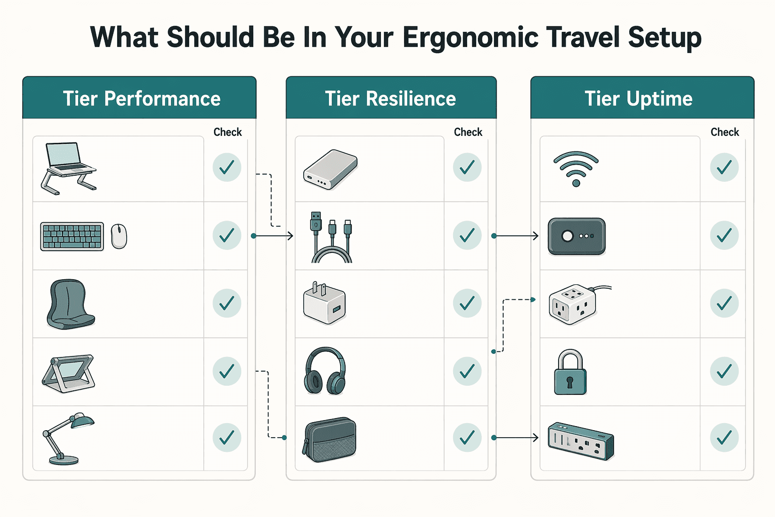 Diagram showing What should be in your ergonomic travel setup? for Ergonomic Travel Setup for Digital Nomads: A Three-Tier System for Comfort and Uptime.
