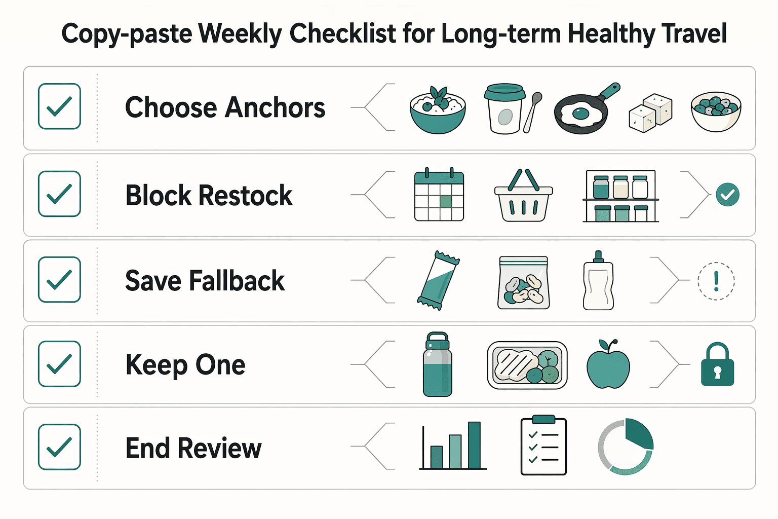 Diagram showing Copy-Paste Weekly Checklist for Long-Term Healthy Travel for How to Eat Healthy While Traveling Long-Term.