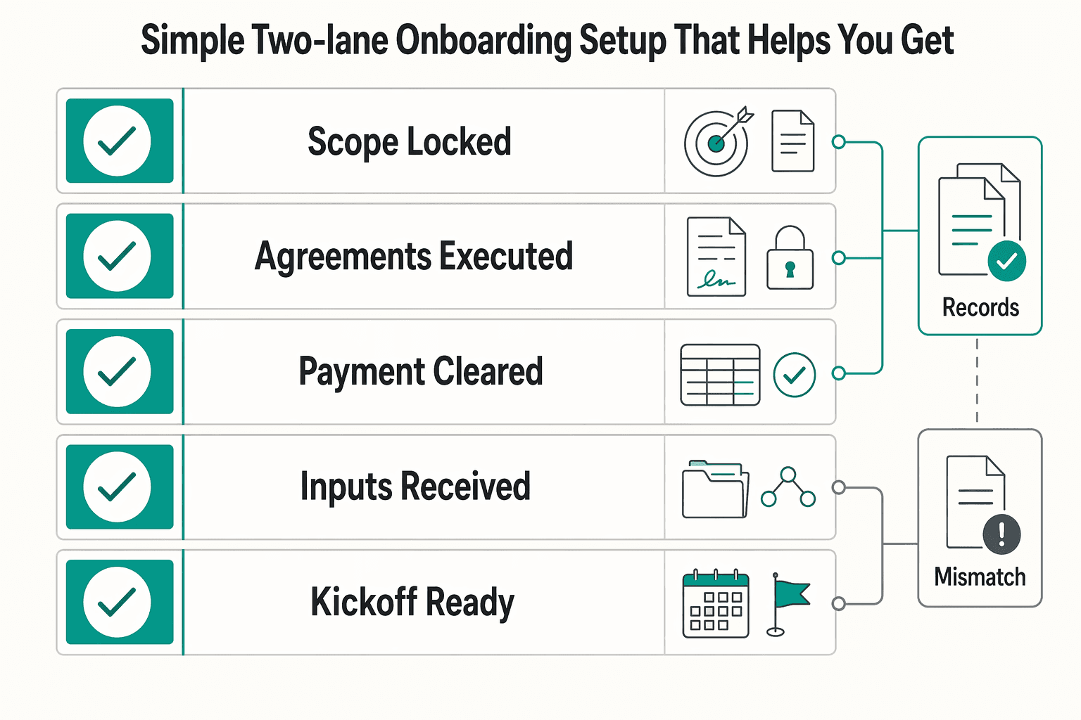 Diagram showing Stop "winging it": a simple two-lane onboarding setup that helps you get signed, paid,... for The Ultimate Checklist for Onboarding a New Freelance Client.