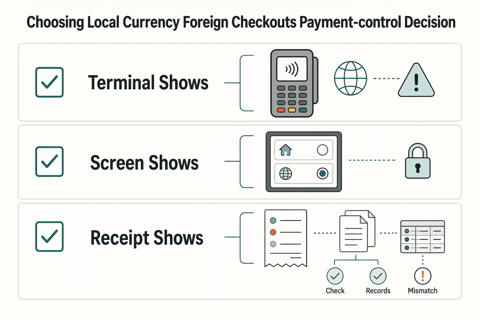 Diagram showing Why choosing local currency at foreign checkouts is a payment-control decision, not a convenience feature for How to Avoid Dynamic Currency Conversion Scams.