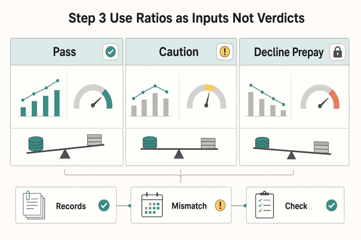 Diagram showing Step 3 Use ratios as inputs, not verdicts for What Is EBITDA and How to Calculate It for Client Payment Risk.