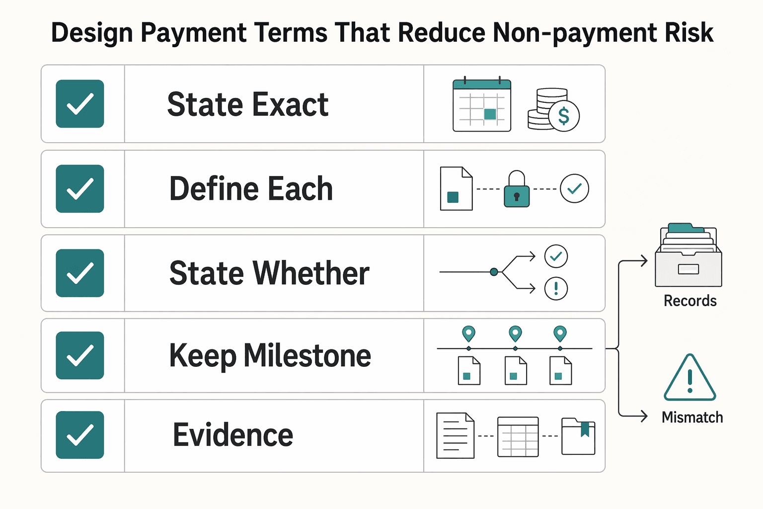 Diagram showing Design Payment Terms that Reduce Non-Payment Risk for International Freelance Contract Clauses for Payment and Dispute Control.