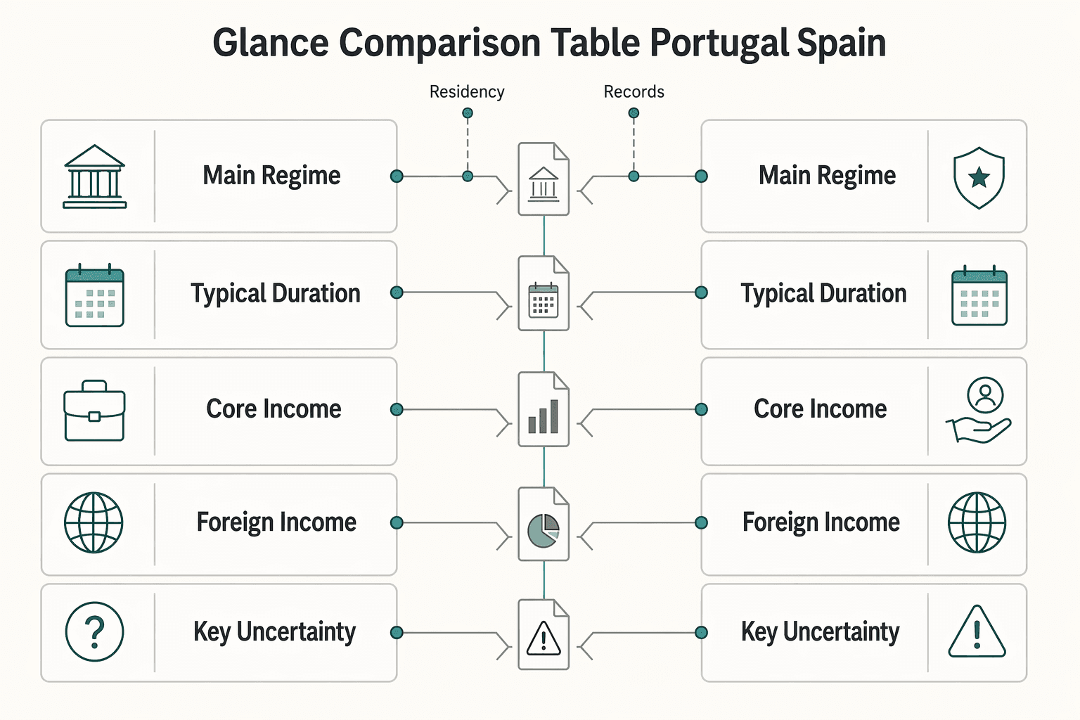 Diagram showing At a Glance Comparison Table for Portugal and Spain for Portugal NHR vs Spain Beckham Law for High-Earning US Expats in 2026.