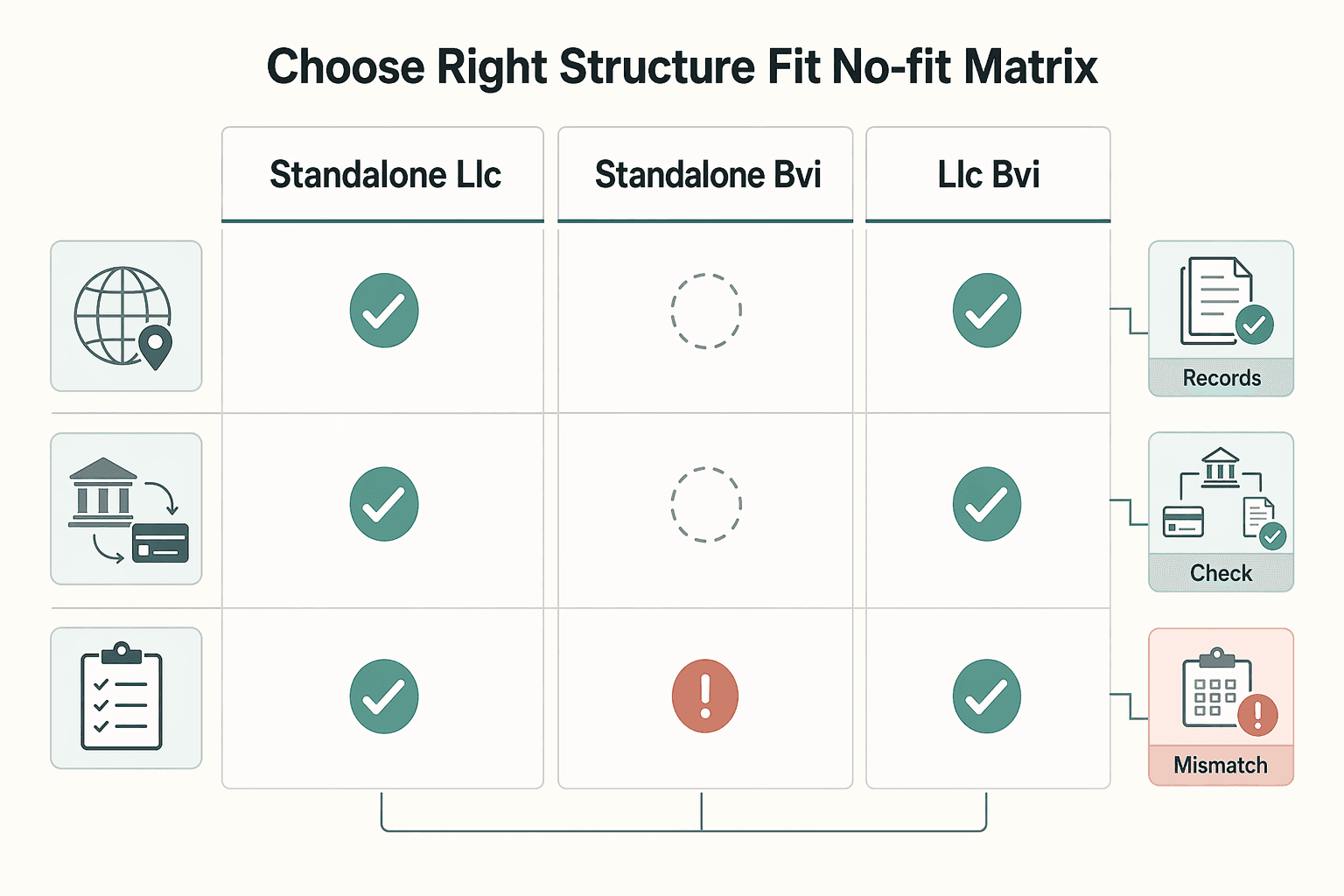 Diagram showing Choose the right structure with a fit and no-fit matrix for US LLC and BVI Company Blueprint for Asset Protection.
