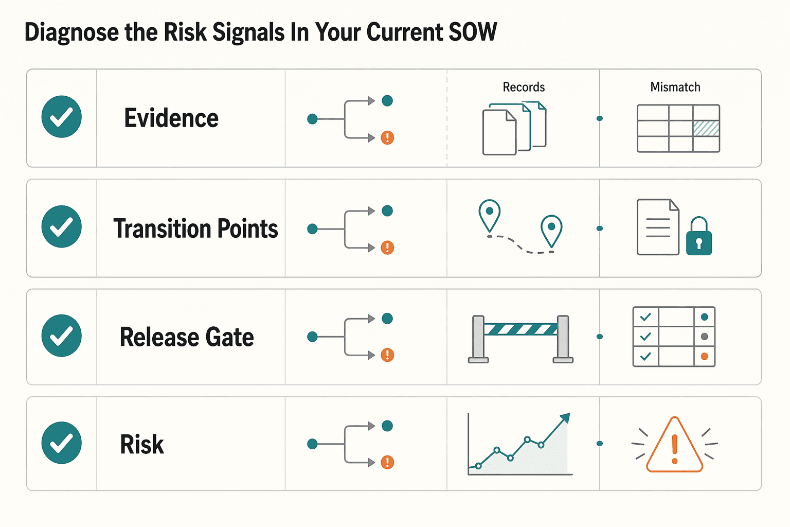 Diagram showing Step 1: Diagnose the risk signals in your current SOW for Structure Change Control in an Agile SOW Before Scope Creep Starts.