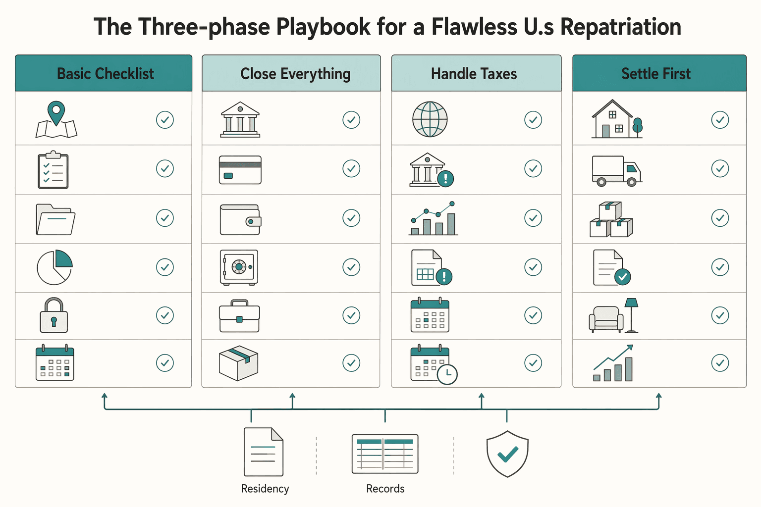 Diagram showing The Three-Phase Playbook for a Flawless U.S. Repatriation for U.S. Expat Repatriation Financial Checklist: Foreign Wind-Down, Compliance Cut-Over, an....