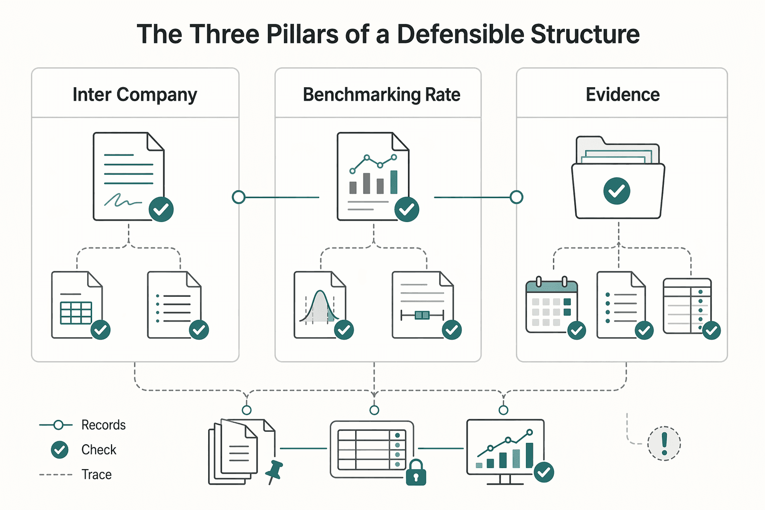 Diagram showing The Three Pillars of a Defensible Structure for How Solo Consultants Handle Associated Enterprises Treaty Risk.