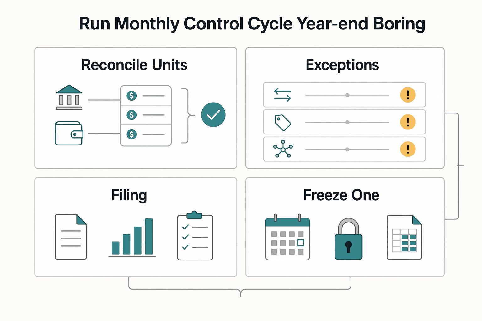 Diagram showing Run a monthly control cycle so year-end is boring for Tax on USDC to Ledger for Freelancers Using Self-Custody.