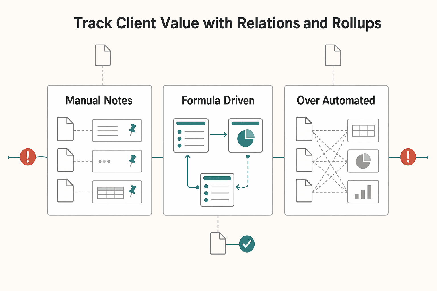 Diagram showing Step 3: Track client value with relations and rollups, not duplicated formulas for Build a Notion Formula Dashboard for Your Business-of-One.
