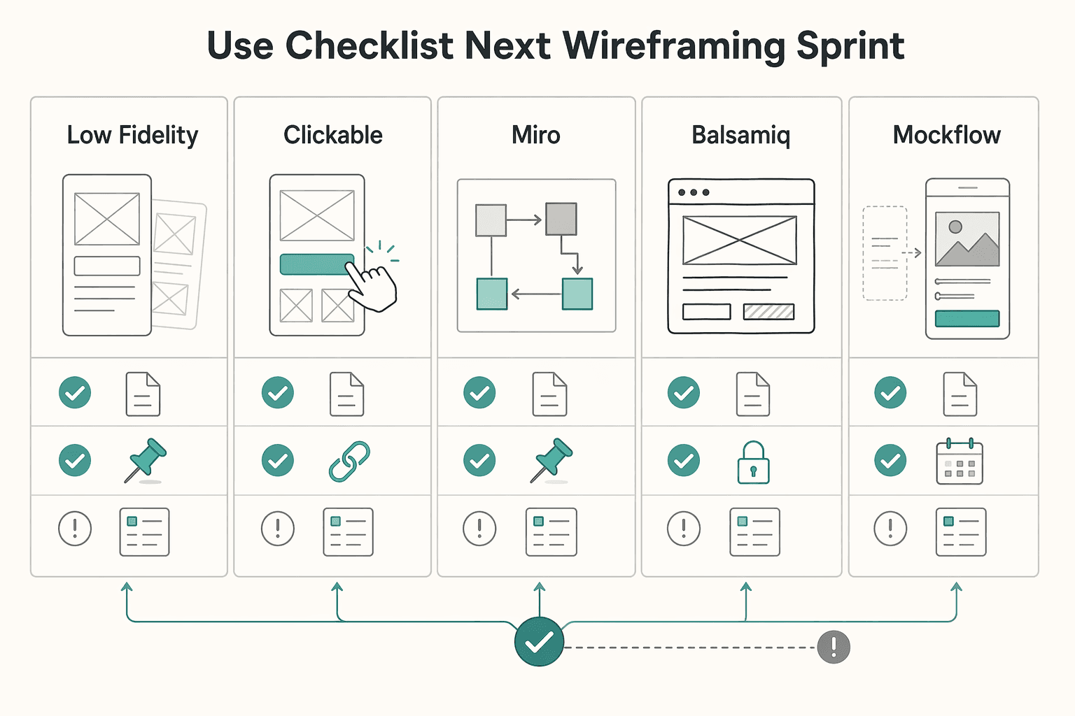 Diagram showing Copy and use this checklist for your next wireframing sprint for Create Wireframes for a Mobile App Without Rework.
