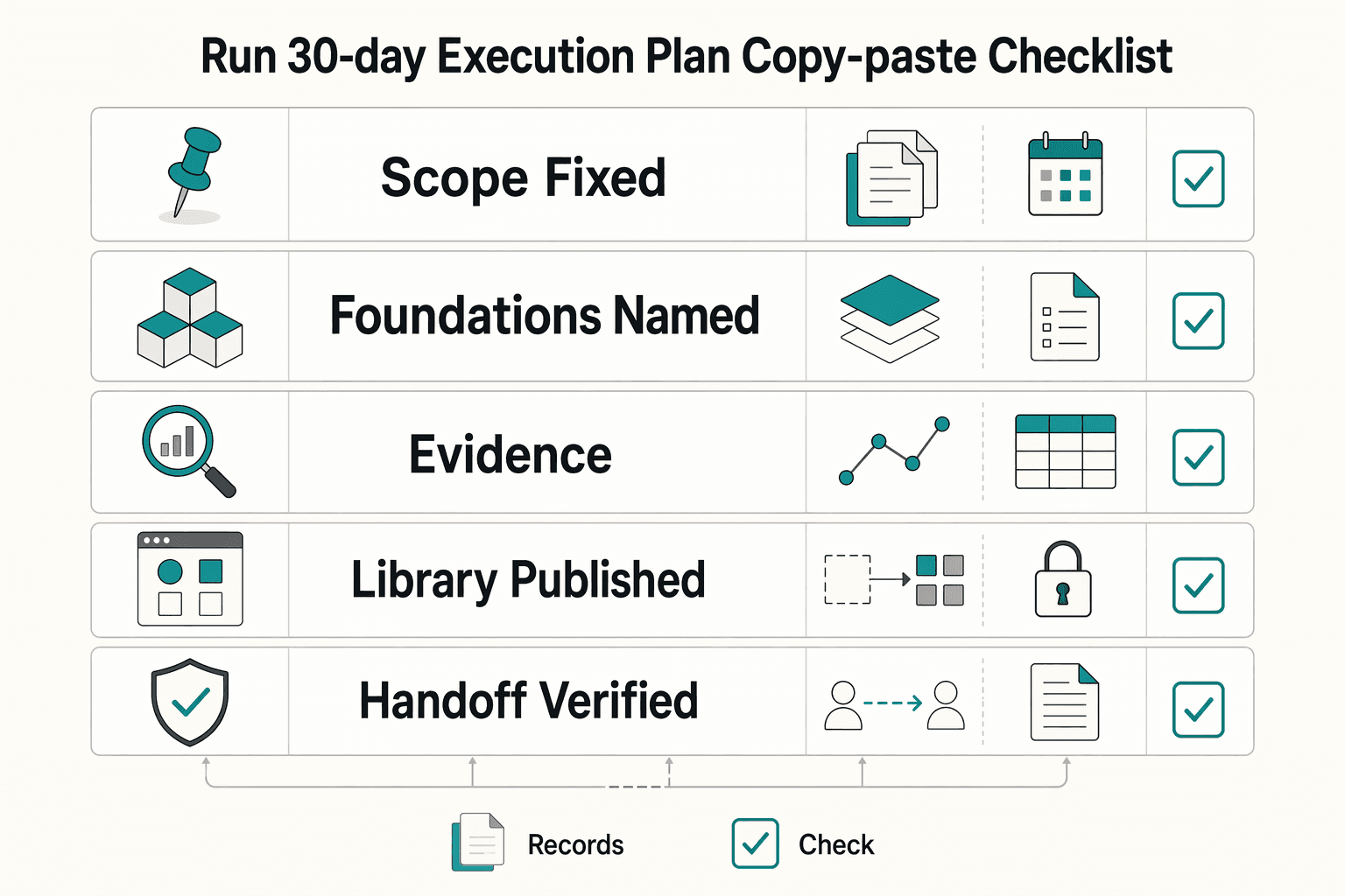 Diagram showing Run a 30-day execution plan with a copy-paste checklist for How to Create a Design System in Figma.