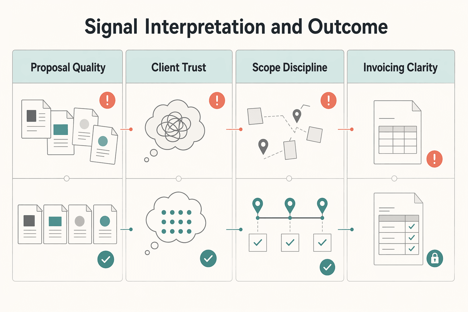 Diagram showing Signal, interpretation, and outcome for How to Create Brand Guidelines a Client Can Trust.