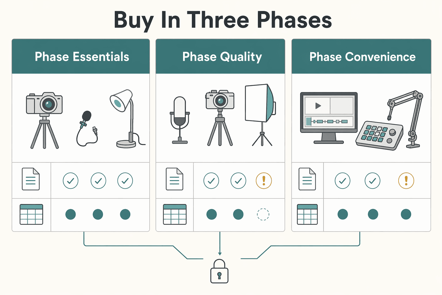 Diagram showing Buy in three phases for Set Up a Home Video Studio on a Budget That Stays Reliable.