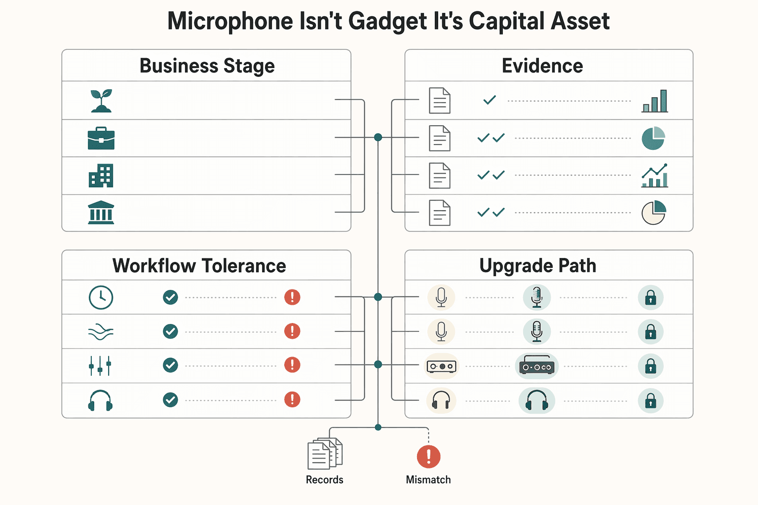 Diagram showing Your Microphone Isn't a Gadget - It's a Capital Asset for Best Microphones for Voiceovers and Podcasting by Room, Workflow, and Business Stage.
