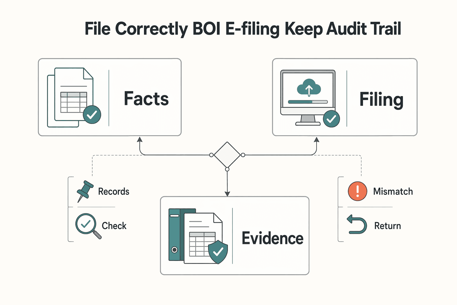 Diagram showing File Correctly in BOI E-Filing and Keep an Audit Trail for Beneficial Ownership Reporting in 2026 for FinCEN BOI Decisions.