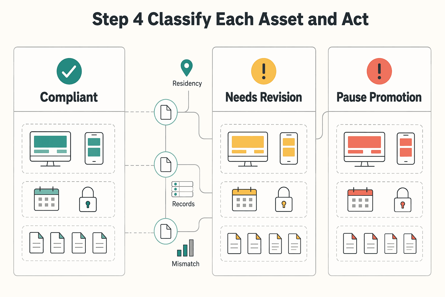 Diagram showing Step 4 Classify each asset and act for How to Disclose Affiliate Links Legally Under FTC Guidelines.