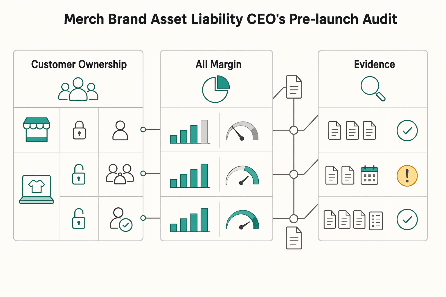 Diagram showing Is Your Merch a Brand Asset or a Liability? A CEO's Pre-Launch Audit for Best Merch Platforms for Creators Who Want Control and Compliance.