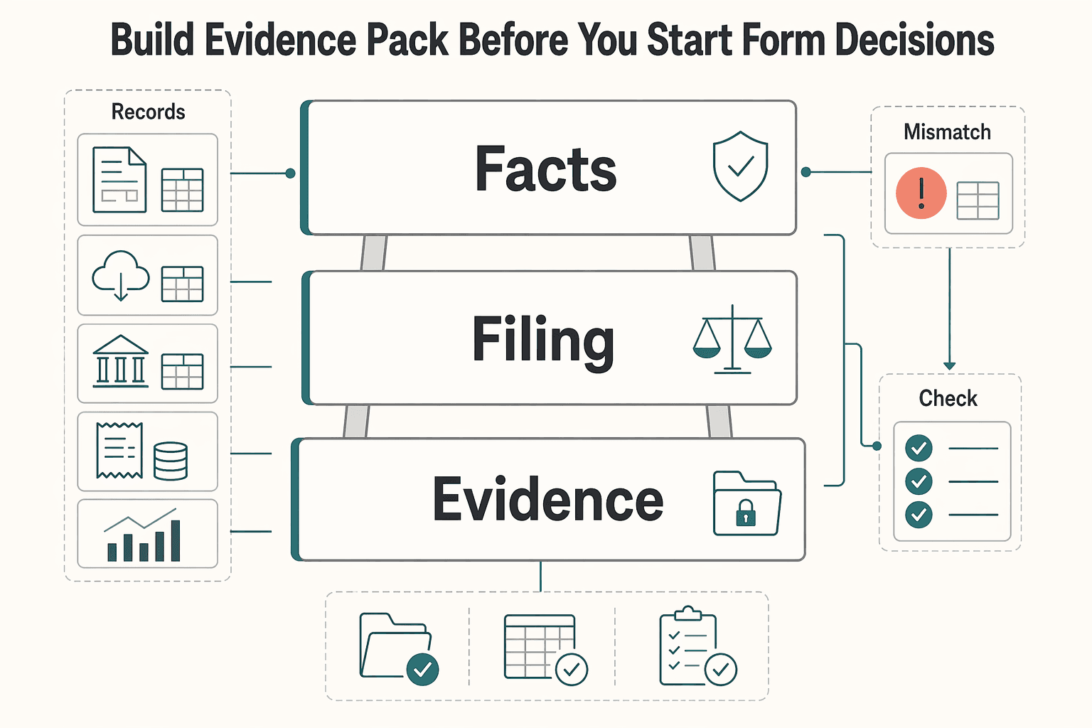 Diagram showing Build the evidence pack before you start form decisions for The Freelancer's Year-End Tax Prep Checklist (US Expat Edition).