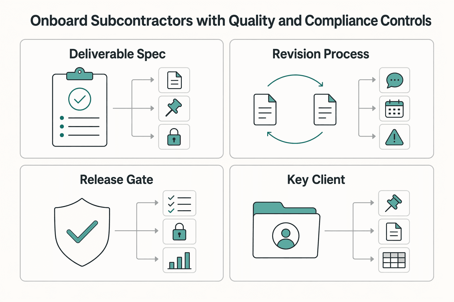 Diagram showing Onboard subcontractors with quality and compliance controls for The Solo Agency Blueprint for Productized Services and Subcontractor Control.