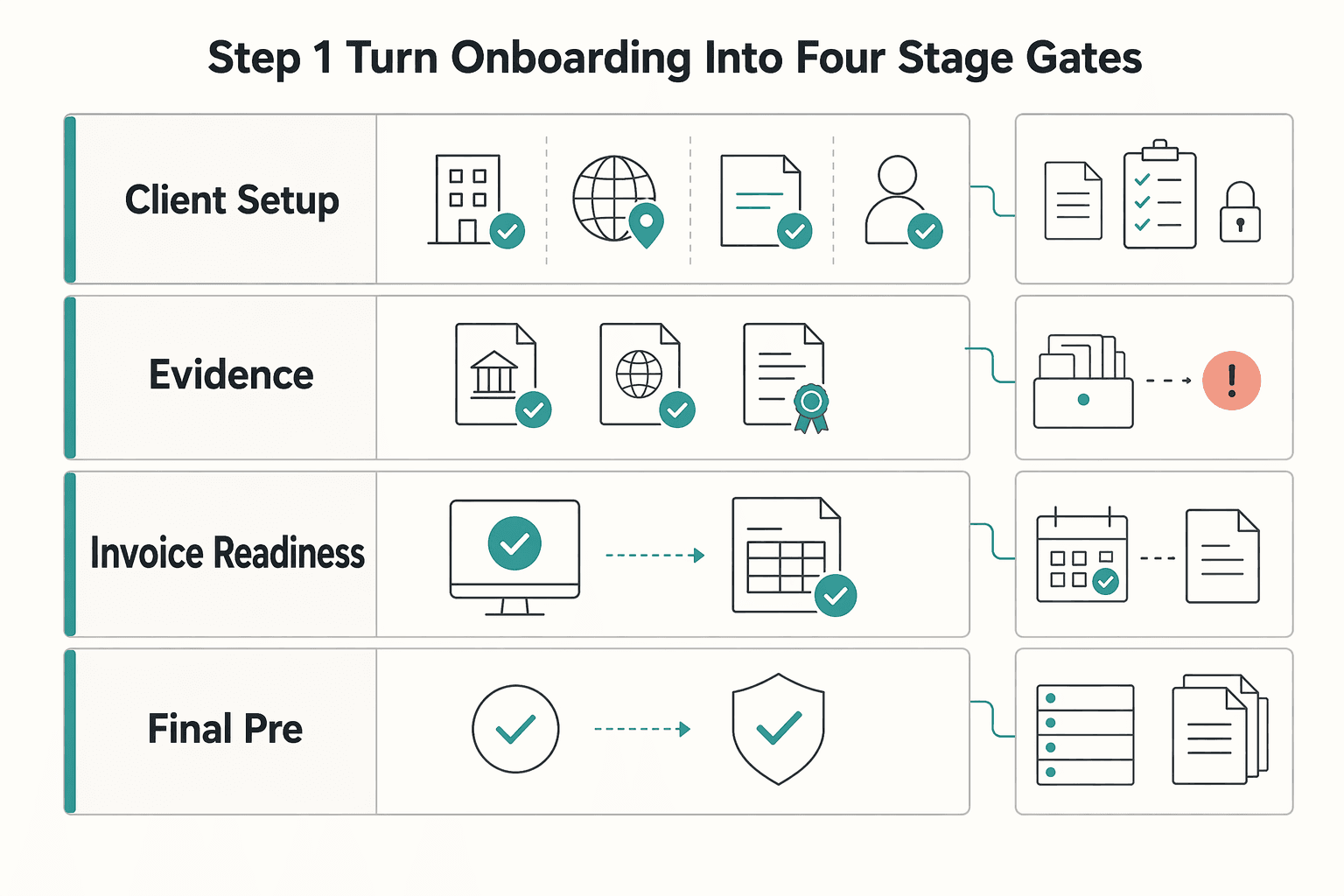 Diagram showing Step 1. Turn onboarding into four stage gates for How to verify a European VAT number using the VIES system.