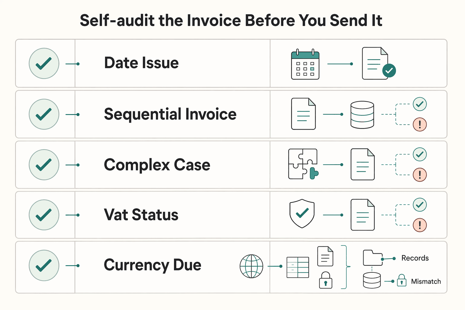 Diagram showing Self-audit the invoice before you send it for When OSS VAT Applies and When Reverse Charge Handles EU Work.