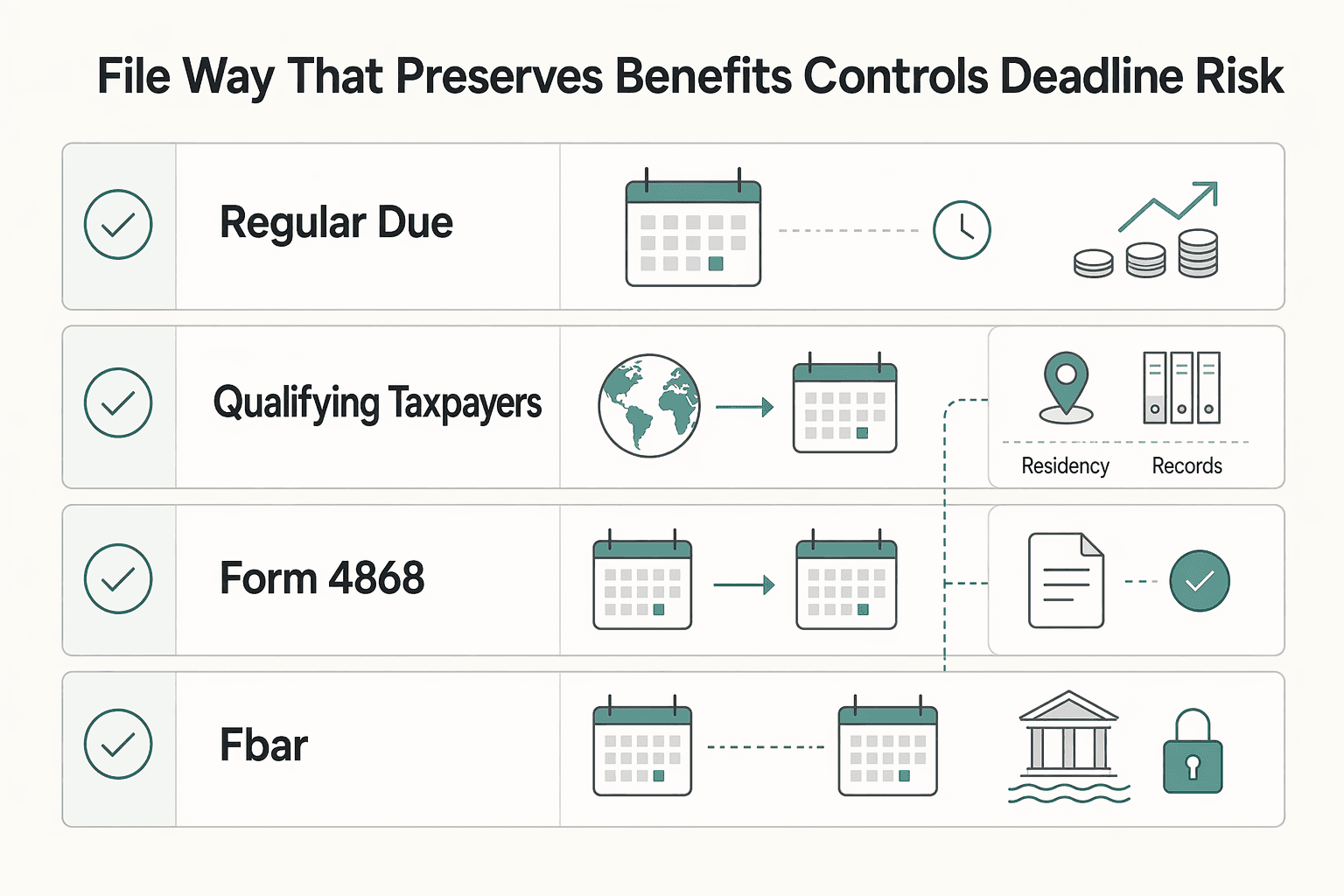 Diagram showing File in a way that preserves benefits and controls deadline risk for How to Calculate Taxable Worldwide Income as a U.S. Citizen.