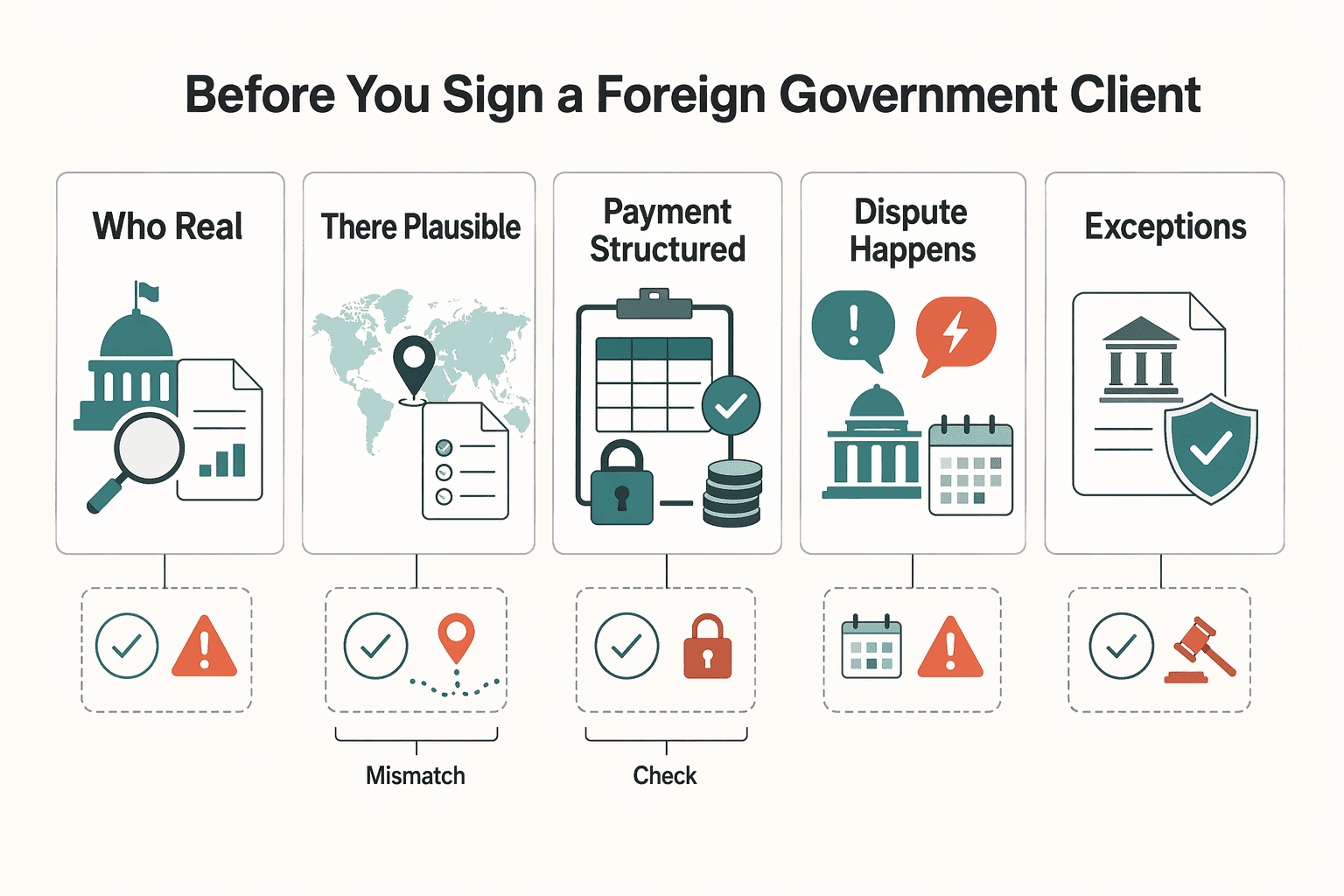 Diagram showing Before you sign a foreign government client for Sovereign Immunity and Suing a Foreign Government Client.