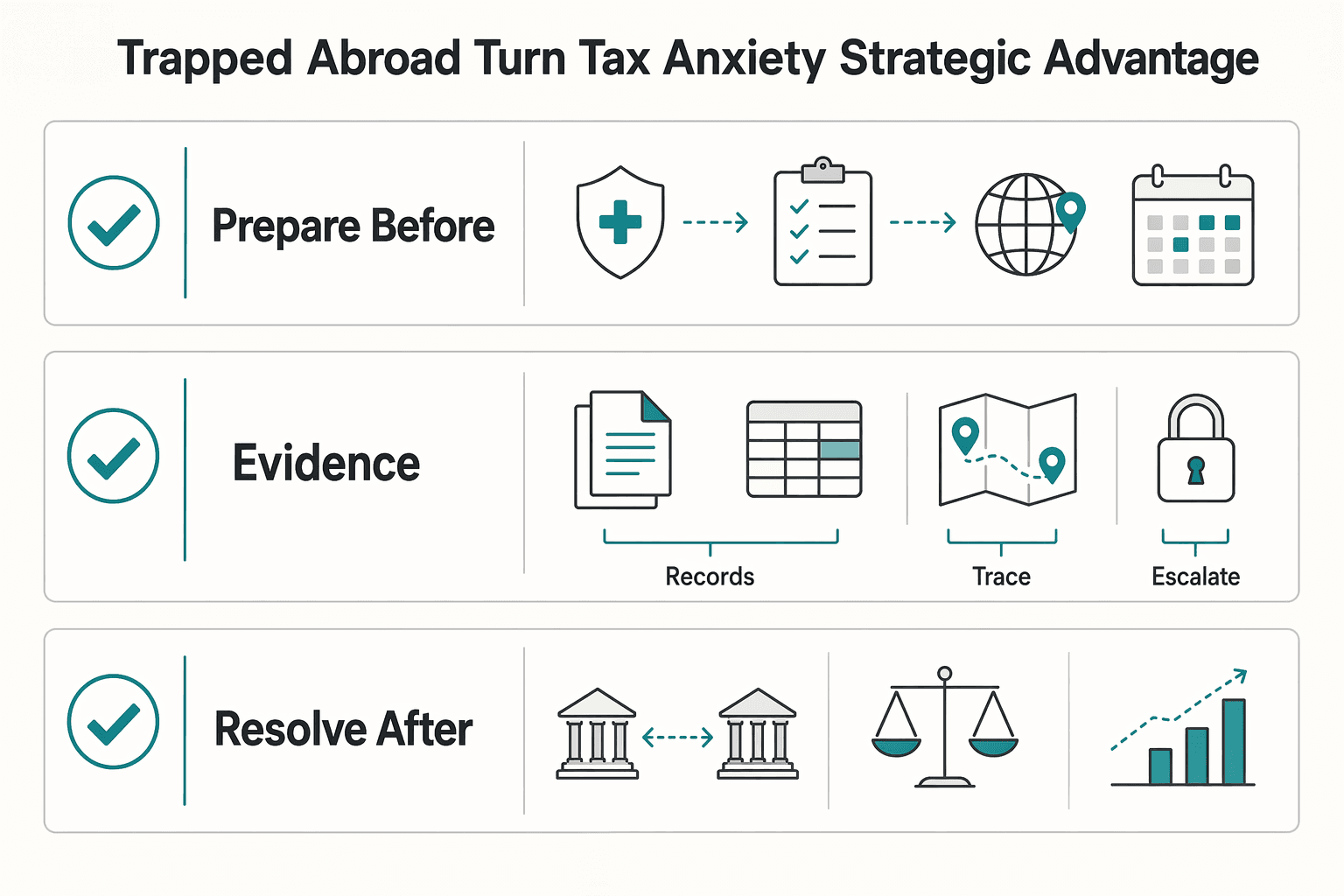 Diagram showing Trapped Abroad? Turn Tax Anxiety into a Strategic Advantage for Handling Tax Residency During a Crisis When You’re Stuck Abroad.