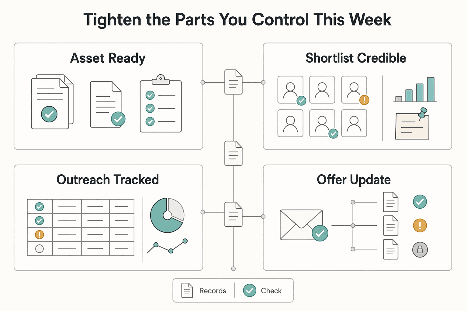 Diagram showing Tighten the parts you control this week for How to Get a Literary Agent Through a Structured Query Process.