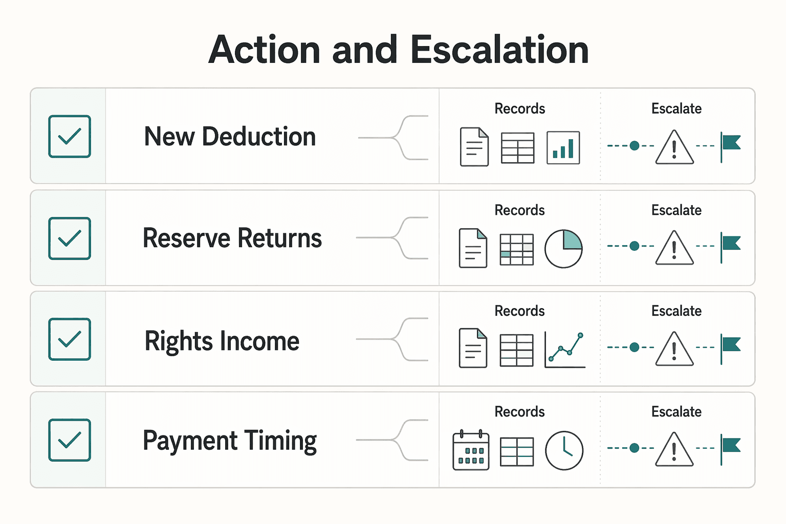 Diagram showing Action and escalation for How Authors Audit Hollywood Accounting in Book Publishing Deals.
