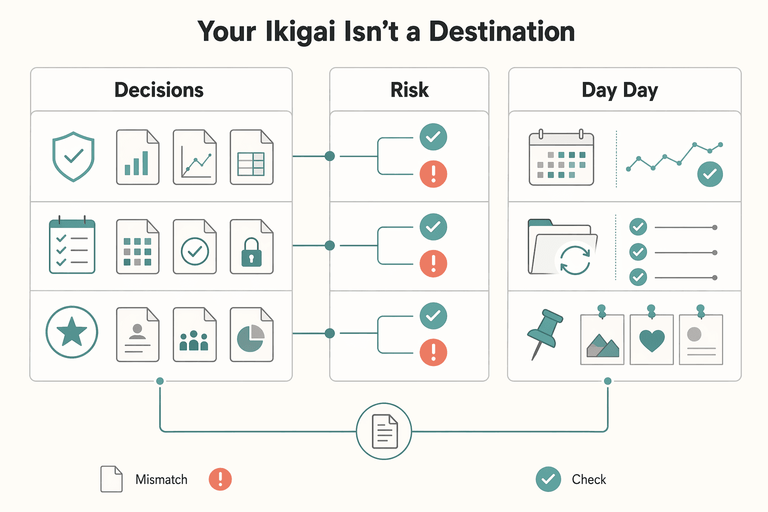 Diagram showing Your Ikigai Isn't a Destination; It's Your Operating System for Ikigai for Freelancers Who Want Purpose Without Business Chaos.