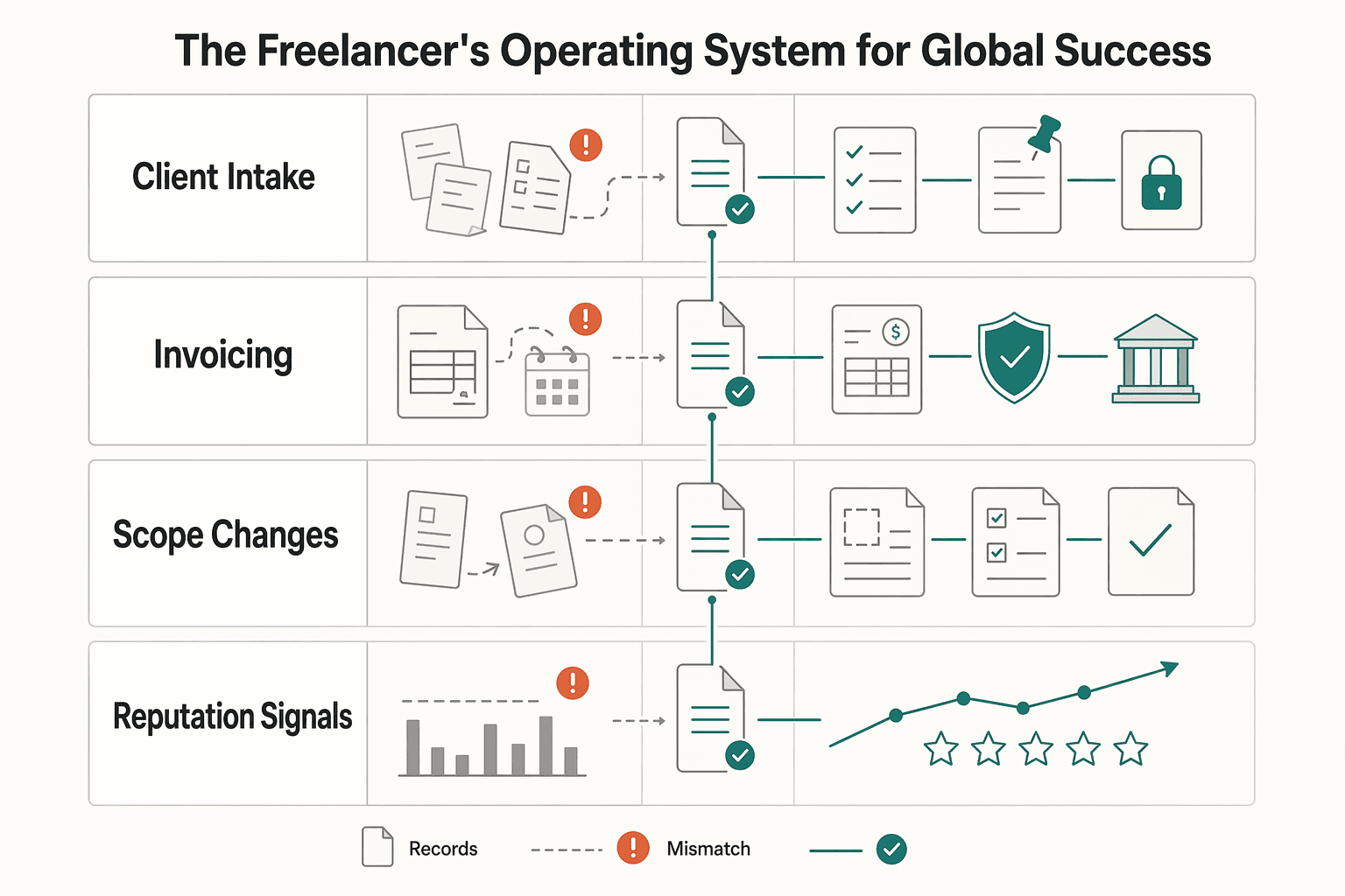 Diagram showing Beyond Good vs. Bad Strategy: The Freelancer's Operating System for Global Success for Good Strategy Bad Strategy for Freelancers in a Three-Tier Operating System.