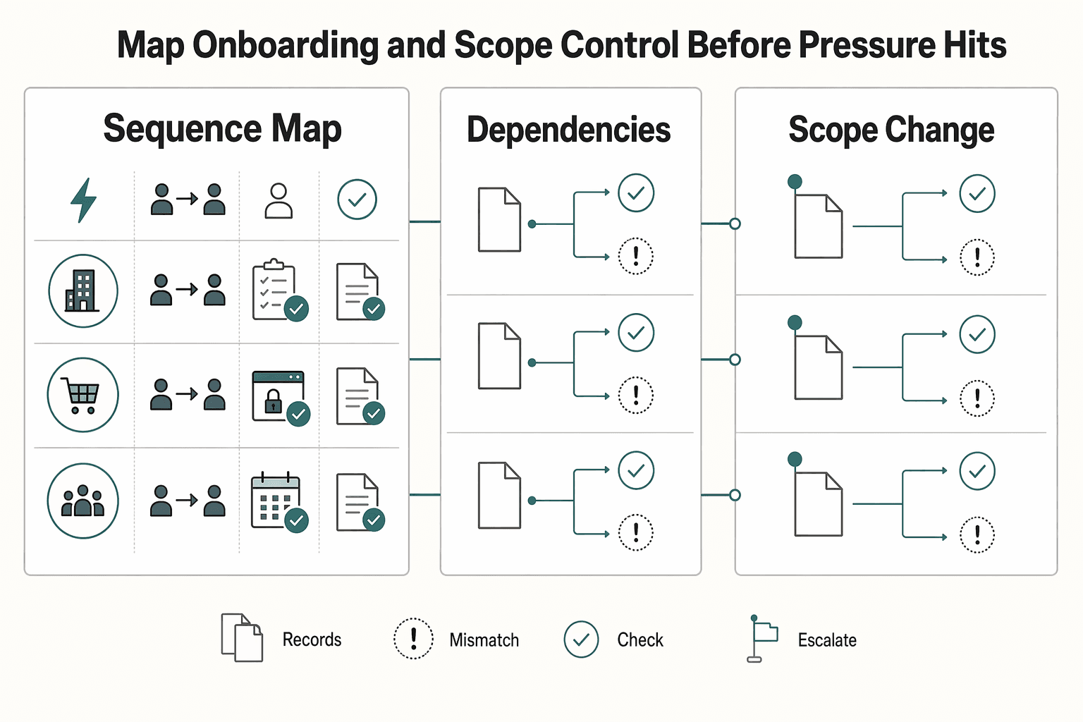Diagram showing Map onboarding and scope control before pressure hits for Crossing the Chasm for Freelancers Without Operational Chaos.