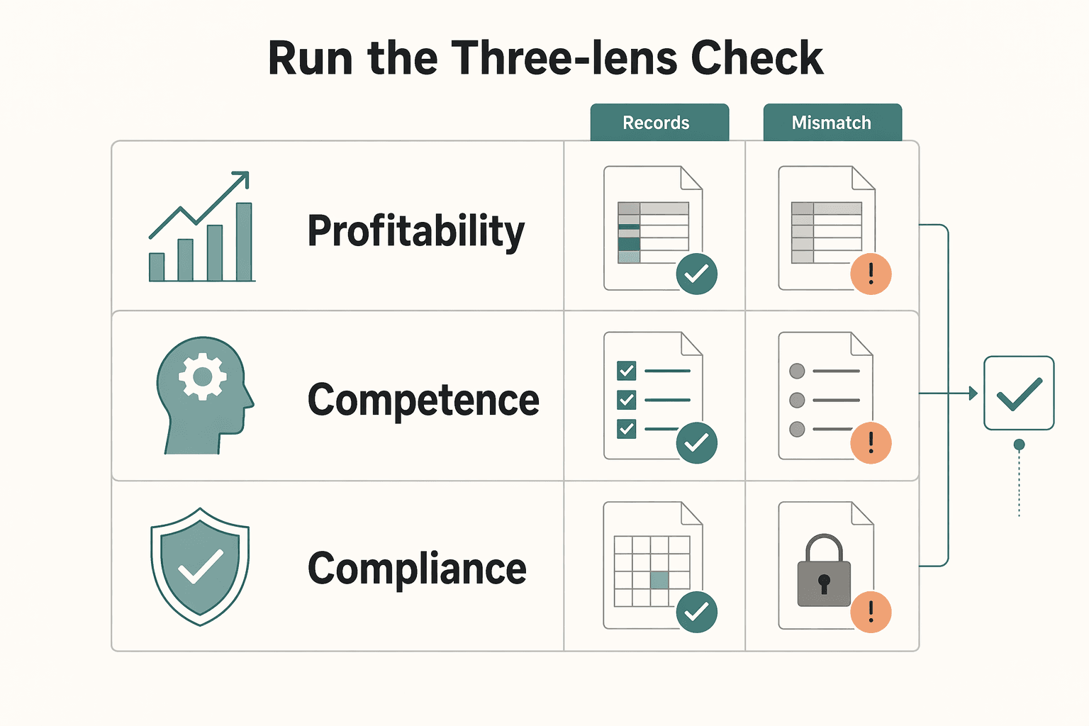 Diagram showing Run the three-lens check for The Circle of Competence for Freelance Consultants.
