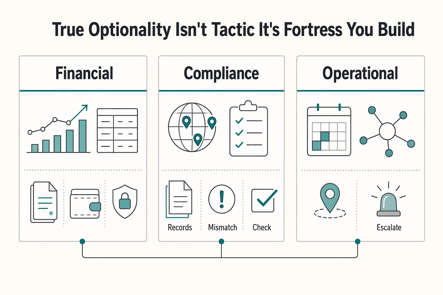Diagram showing True Optionality Isn't a Tactic - It's a Fortress You Build for Optionality for Freelancers Who Work Across Borders.